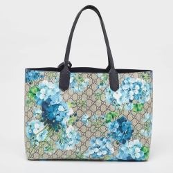 Pre Owned Gucci Navy Blue/Beige GG Supreme Canvas Medium Blooms Reversible Tote