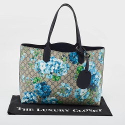 Pre Owned Gucci Navy Blue/Beige GG Supreme Canvas Medium Blooms Reversible Tote