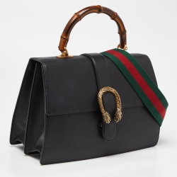 Pre Owned Gucci Black Leather Large Dionysus Bamboo Top Handle Bag