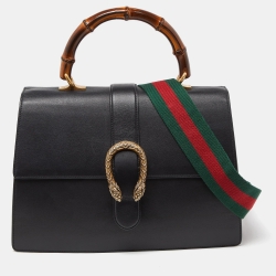 Pre Owned Gucci Black Leather Large Dionysus Bamboo Top Handle Bag