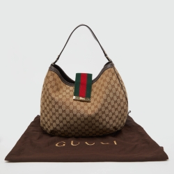 Gucci Beige/Brown GG Canvas and Leather New Ladies Web Hobo