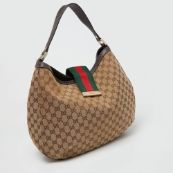 Gucci Beige/Brown GG Canvas and Leather New Ladies Web Hobo