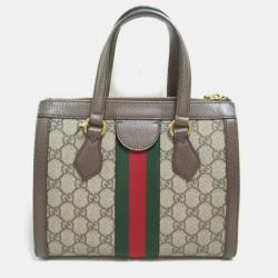 Gucci Brown Leather GG Supreme Ophidia Top Handle Bag