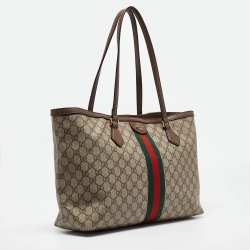 Pre Owned Gucci Brown/Beige GG Supreme Canvas and Leather Ophidia Tote