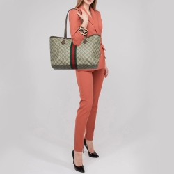Pre Owned Gucci Brown/Beige GG Supreme Canvas and Leather Ophidia Tote