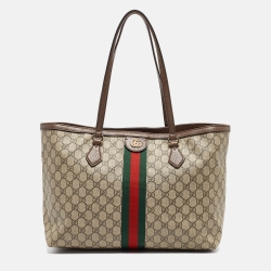 Pre Owned Gucci Brown/Beige GG Supreme Canvas and Leather Ophidia Tote