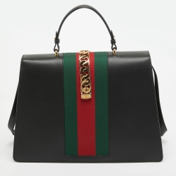 Pre Owned Gucci Black Leather Maxi Web Sylvie Top Handle Bag