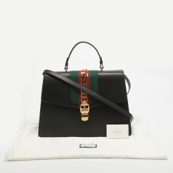 Pre Owned Gucci Black Leather Maxi Web Sylvie Top Handle Bag