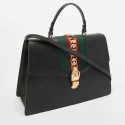 Pre Owned Gucci Black Leather Maxi Web Sylvie Top Handle Bag