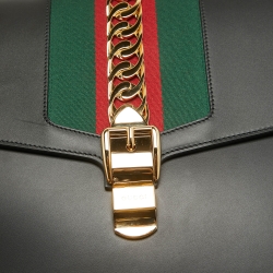 Pre Owned Gucci Black Leather Maxi Web Sylvie Top Handle Bag
