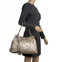 مملوكة مسبقًا Gucci Metallic Grey Leather Medium Soho Tote