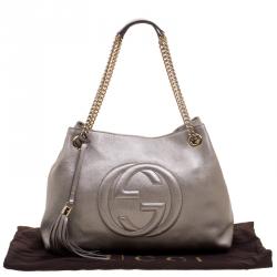 مملوكة مسبقًا Gucci Metallic Grey Leather Medium Soho Tote