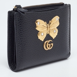 مملوكة مسبقًا Gucci Black Leather GG Marmont Butterfly Bifold Zip Wallet