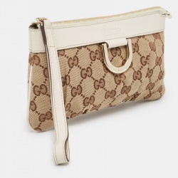 Pre Owned Gucci White/Beige GG Canvas and Leather Abbey D-Ring Wristlet Pouch