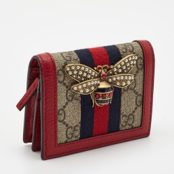 Pre Owned Gucci Red/Beige GG Supreme Canvas and Leather Queen Margaret Card Case