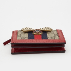 Pre Owned Gucci Red/Beige GG Supreme Canvas and Leather Queen Margaret Card Case