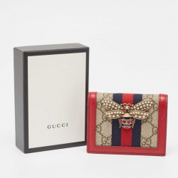 Pre Owned Gucci Red/Beige GG Supreme Canvas and Leather Queen Margaret Card Case