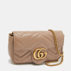 Pre Owned Gucci Beige Matelassé Leather Super Mini GG Marmont Shoulder Bag
