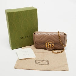 Pre Owned Gucci Beige Matelassé Leather Super Mini GG Marmont Shoulder Bag