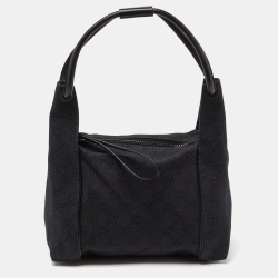 Pre Owned Gucci Black GG Denim and Leather Zip Bag