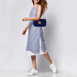 Pre Owned Gucci Blue Matelassé Velvet Small GG Marmont Shoulder Bag