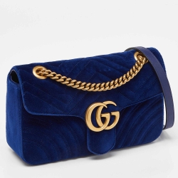 Pre Owned Gucci Blue Matelassé Velvet Small GG Marmont Shoulder Bag