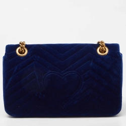 Pre Owned Gucci Blue Matelassé Velvet Small GG Marmont Shoulder Bag
