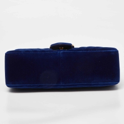 Pre Owned Gucci Blue Matelassé Velvet Small GG Marmont Shoulder Bag