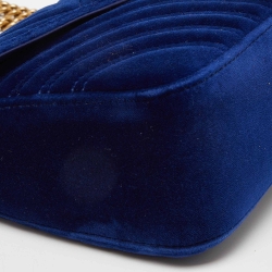 Pre Owned Gucci Blue Matelassé Velvet Small GG Marmont Shoulder Bag
