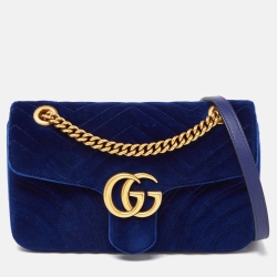 Pre Owned Gucci Blue Matelassé Velvet Small GG Marmont Shoulder Bag