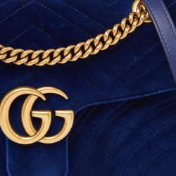 Pre Owned Gucci Blue Matelassé Velvet Small GG Marmont Shoulder Bag