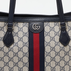 Pre Owned Gucci Blue/Beige GG Supreme Canvas and Leather Medium Ophidia Tote