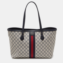 Pre Owned Gucci Blue/Beige GG Supreme Canvas and Leather Medium Ophidia Tote