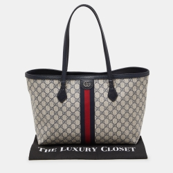 Pre Owned Gucci Blue/Beige GG Supreme Canvas and Leather Medium Ophidia Tote