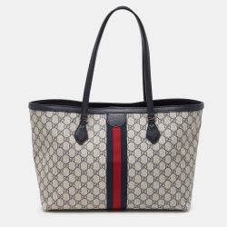 Pre Owned Gucci Blue/Beige GG Supreme Canvas and Leather Medium Ophidia Tote