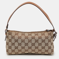 Pre Owned Gucci Beige/Brown GG Canvas and Leather Pochette 