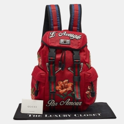 Pre Owned حقيبة ظهر غوتشي بار أمور مطرزة بإبزيم مزدوج كانفاس أحمر تيكنو