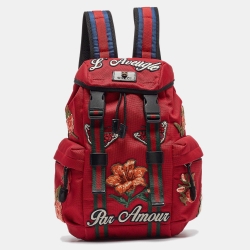 Pre Owned Gucci Red Techno Canvas L'Aveugle Par Amour Embroidered Double Buckle Backpack 