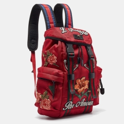 Pre Owned حقيبة ظهر غوتشي بار أمور مطرزة بإبزيم مزدوج كانفاس أحمر تيكنو