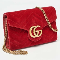Gucci Red Matelassé Velvet GG Marmont Wallet on Chain