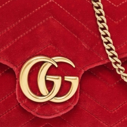 Gucci Red Matelassé Velvet GG Marmont Wallet on Chain