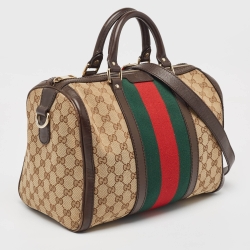 Pre Owned Gucci Brown/Beige GG Canvas and Leather Joy Web Boston Bag