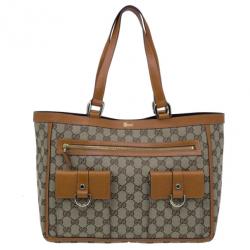 Pre Owned Gucci Brown GG Canvas Leather Trim Tote
