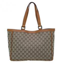 Pre Owned Gucci Brown GG Canvas Leather Trim Tote