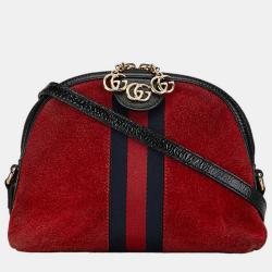 Pre Owned Gucci Red Leather, Suede Suede Small Ophidia Dome Shoulder Bag