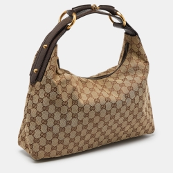 Pre Owned Gucci Beige/Brown GG Canvas and Leather Horsebit Handle Hobo