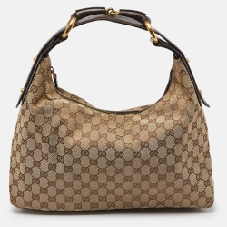 Pre Owned Gucci Beige/Brown GG Canvas and Leather Horsebit Handle Hobo