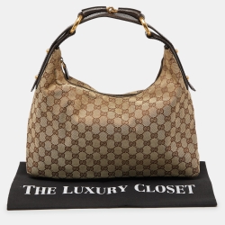 Pre Owned Gucci Beige/Brown GG Canvas and Leather Horsebit Handle Hobo