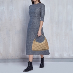 Pre Owned Gucci Beige/Brown GG Canvas and Leather Horsebit Handle Hobo