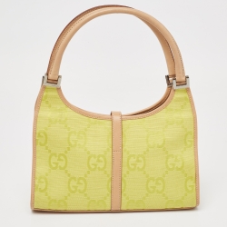 Pre Owned Gucci Natural/Neon Yellow/ Jumbo GG Canvas Jackie Tote w/ Wallet